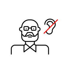 Older man with glasses and ear crossed out. Age-related hearing loss. Senior people healthcare and employment. Quiet environment for seniors. Pixel perfect, editable stroke vector icon