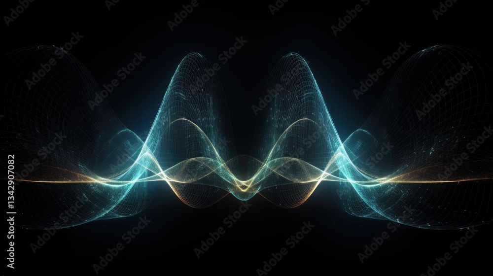 Poster minimalist abstract digital pulse wave forming symmetrical loops in deep space