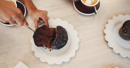 Person, hands and muffin in cafe with dessert, hospitality service and morning coffee for breakfast. Knife, top view and tea break in restaurant cutting cupcakes for eating meal and food for sharing