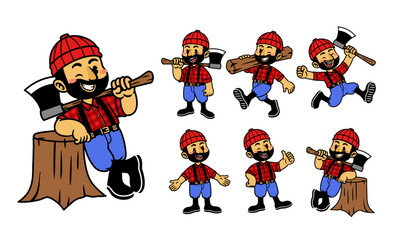 Cartoon Set of Happy Lumberjack Worker Mascot
