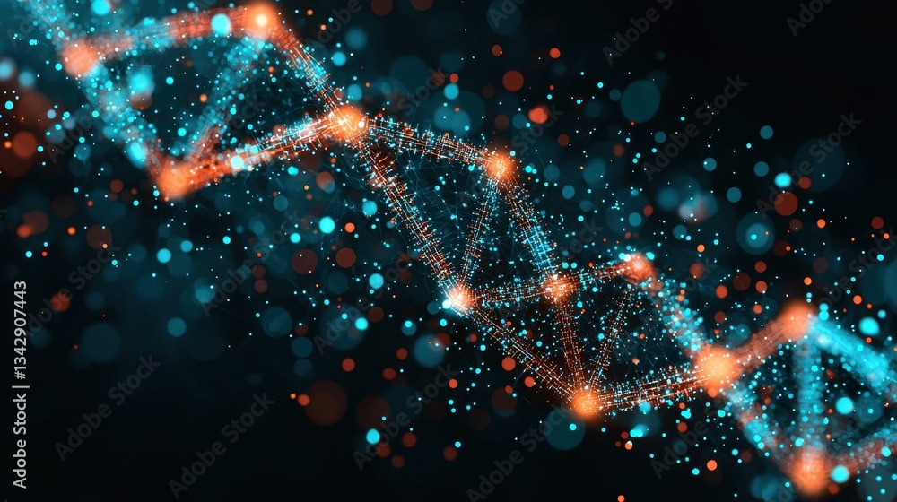 Poster abstract dna helix structure with colorful particles in dark background