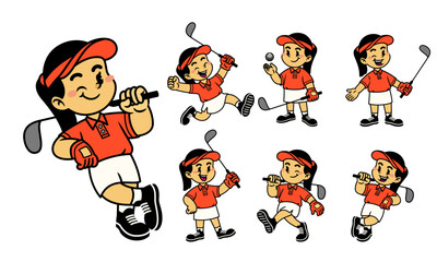 Cartoon Set of Happy Woman Golfer Mascot