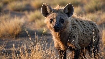 Fototapeta premium Curious Juvenile Brown Hyena in a Semi-Arid Landscape