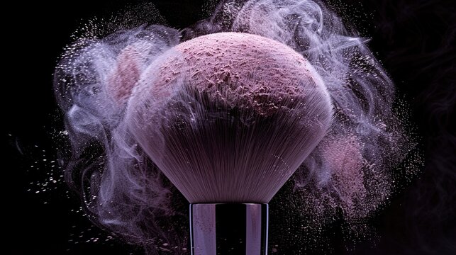 Make up brush with soft pink fine powder, isolated on a black background. advertising image for cosmetic brand HD 8K wallpaper Photographic Image