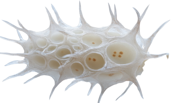 Organic Geometry: A detailed close-up showcases an intricate, spiky, and multi-faceted form with cellular structures, evoking a sense of organic complexity, natural patterns, and unique design. 