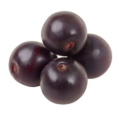 Ripe plums fruits with green leaves isolated on white and transparent background. PNG cutout.	
