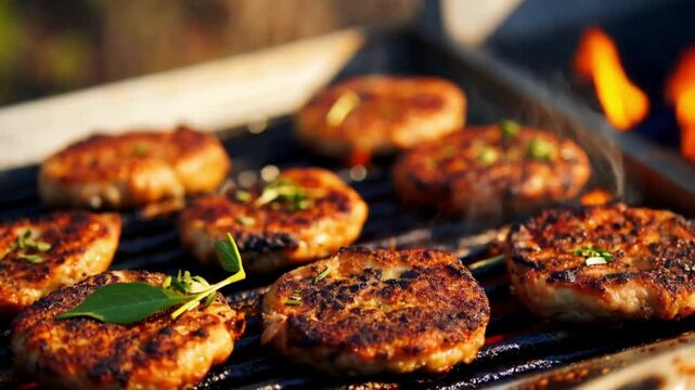 Close-up of grilled kyufte patties on a barbecue grill, smoke rising with vibrant flames, rich textures of meat with herbs and spices
