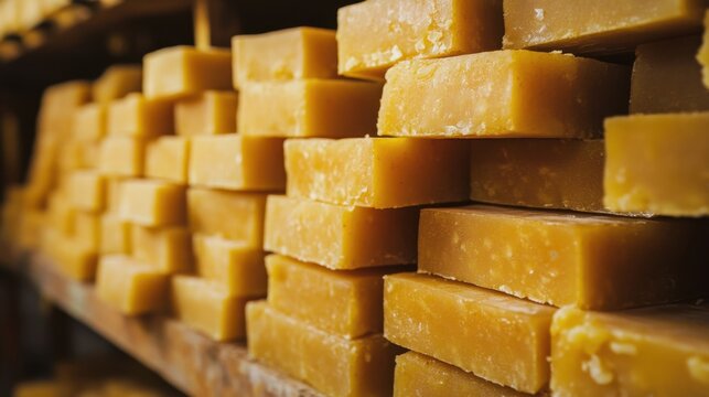 Mysore Pak in a traditional sweet shop display, stacked in neat rows, ready to be enjoyed.
