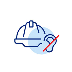 Hard hat and ear crossed. Health and hearing protection. Silent work zone, hearing-impaired accessibility. Hearing protection safety. Pixel perfect, editable stroke vector icon