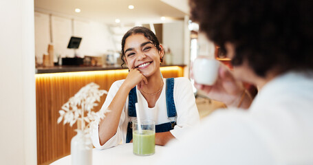 Happy, love and couple in coffee shop on date for bonding, relationship and relax on weekend. Restaurant, cafe and man with woman with drink, beverage or matcha for conversation, talking and chatting