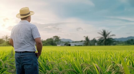 Farmer Observing Lush Rice Field Under Bright Sky at Sunset