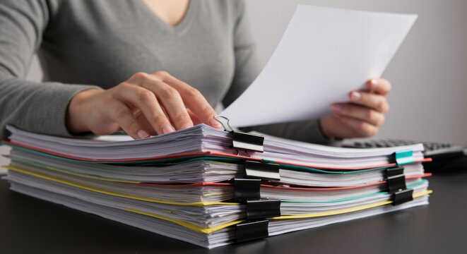 Woman reviews financial documents at business office desk. Accounting, bureaucracy, audits, office work concept. Tax season, finance, paperwork, bookkeeping. Tax Day, Accounting Day