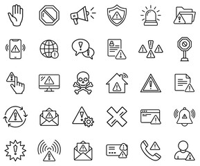 Warning and Alert System Line Icons – Caution, Danger, Security Threats, Notifications, Emergency Signals, Cybersecurity, Risk Management, Hazard Symbols, and Critical Alerts Icon Set