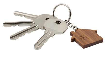 House Keys with Wooden Home-Shaped Keychain – Real Estate and Security Concept isolated transparent background