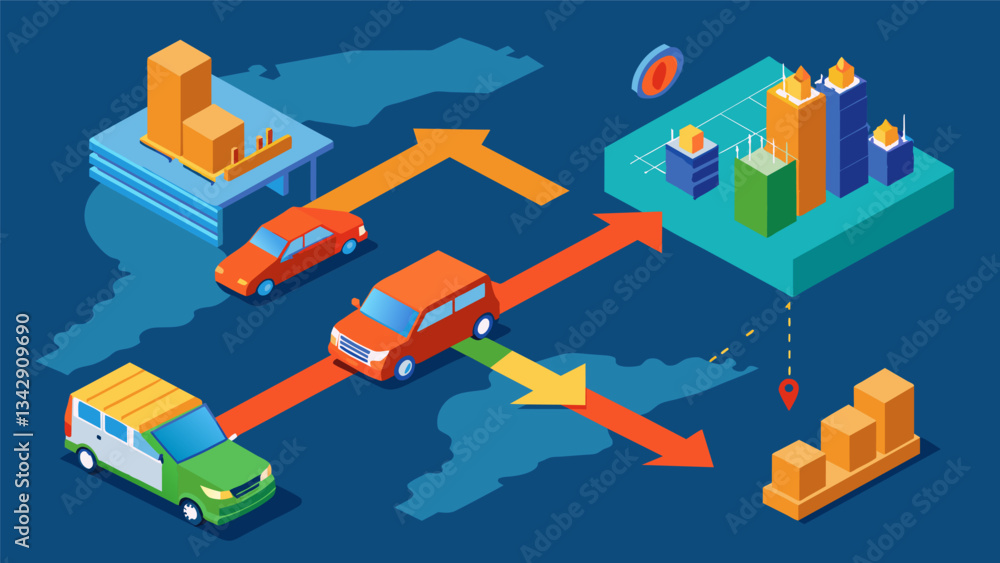 Poster an immersive 3d map displaying the movement of supply and demand in the automotive industry with rea