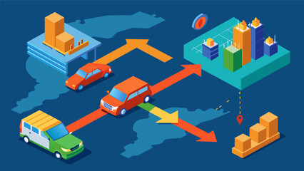 Fototapeta premium An immersive 3D map displaying the movement of supply and demand in the automotive industry with realtime updates on changes in production and sales.. Vector illustration