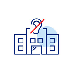 Hospital and ear crossed symbol. Audiologist, otolaryngologist treating hearing loss. Health services designed for deaf or hard-of-hearing patients, such as sign language communication. Pixel perfect,