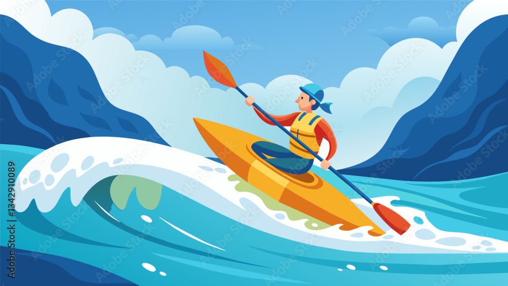 Poster a kayaker gliding through a rushing river using the power of the water to release pentup emotions.. 