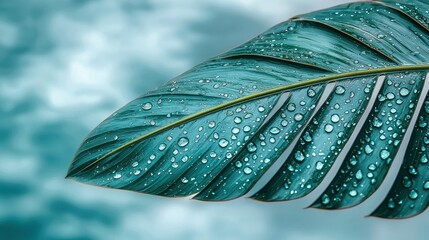 Obraz premium A vibrant teal leaf, covered in dew drops, against a soft teal and cloudy background