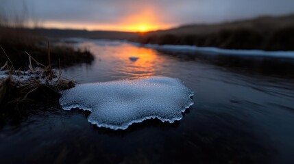 Obraz premium Frozen water reflecting sunset. A delicate piece of ice floats on a tranquil stream, highlighted by a vibrant sunset
