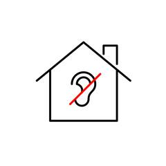 Home and crossed out ear symbol. Smart home voice commands deactivated, silent mode, connection lost. Hearing-impaired accessibility. Pixel perfect, editable stroke vector icon