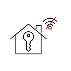 House, key and no wi-fi symbol. Smart lock offline, manual entry required. Pixel perfect, editable stroke vector icon