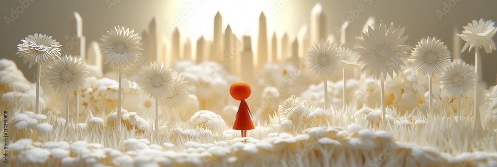 Poster whimsical red figure in dreamy flower field with background structures