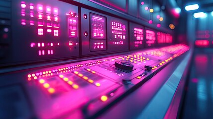 Obraz premium A modern power generation facility houses a softly glowing digital control panel, accentuated by gentle pink hues that highlight advanced technology and innovation.