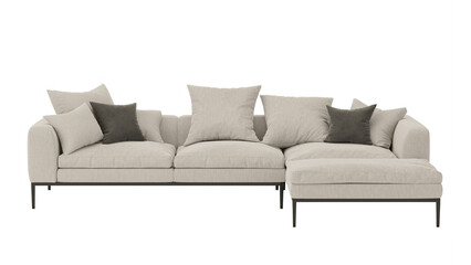 Fototapeta premium Modern Beige Sectional Sofa with Dark Throw Pillows on White Background 3D Rendering
