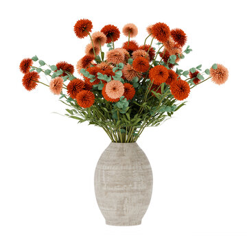 Orange Chrysanthemum Flowers in a Rustic Beige Vase With Green Foliage 3D Rendering