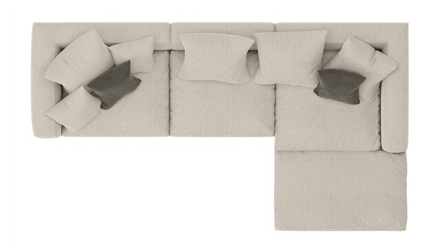 Top View of a Modern Beige Sectional Sofa with Cushions and Throw Pillows 3D Rendering