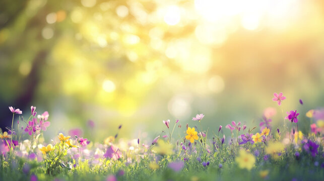 Beautiful cosmos flowers in the garden with sun light and bokeh effect, Colorful flower meadow with sunbeams and bokeh lights in summer season, Beautiful natural spring summer background.
