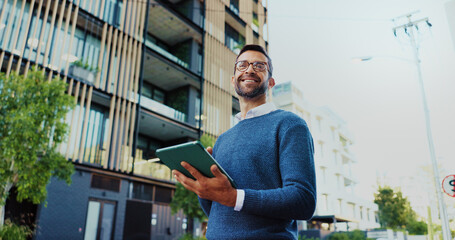 City, businessman and thinking with tablet for research, realtor and project for property...