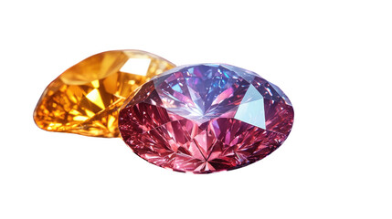 Fototapeta premium Radiant Gems: A close-up shot of two radiant, meticulously cut gemstones, one a warm, golden hue, the other a captivating blend of purple and red, sparkles with intrinsic beauty.