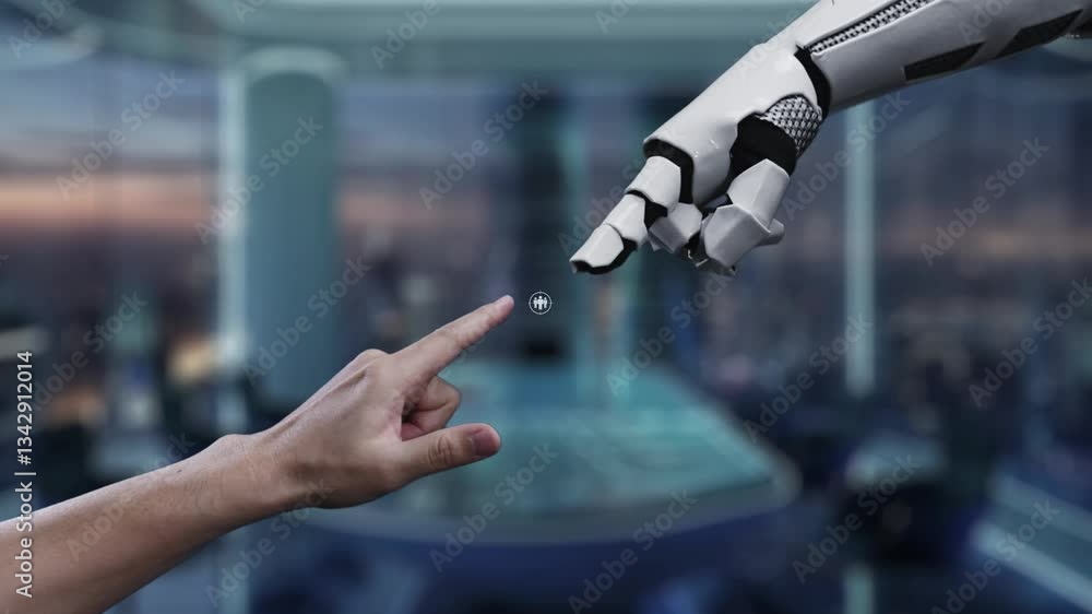 Poster futuristic concept of artificial intelligence interaction with human figures in a modern office envi