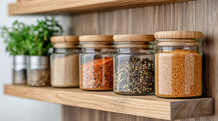 Beautifully arranged spice rack in home kitchen with jars and herbs