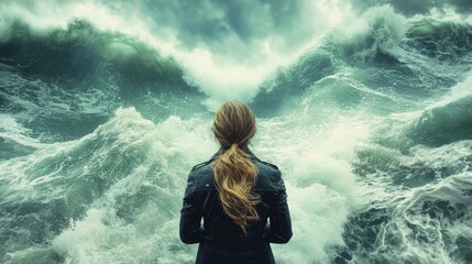 Woman in leather jacket faces giant ocean waves under stormy sky. Symbolize overcoming adversity, resilience, and inner strength concept.