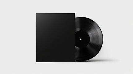 A vinyl record mock-up featuring a black vinyl disc partially inserted into its dark cover sleeve, with the record only partially visible, as it is slightly peeking out from behind the sleeve.