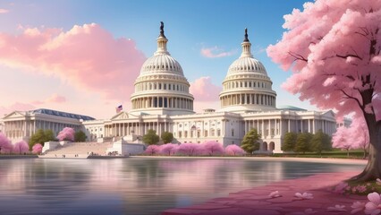 Fototapeta premium A picturesque view of the U.S. Capitol building framed by vibrant pink cherry blossoms.