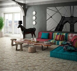 Bright living room interior with colored comfy sofa, wooden coffee table, drawer and stylish art decoration with panoramic wall, mock up canvas poster. 3D Rendering