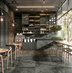Cafe shop interior design Minimalist Loft, Shelf on wall with all drinks, seating area with wooden desk and table chair and menu on table, Frame mockup on brick wall, Marble floor. 3D Rendering