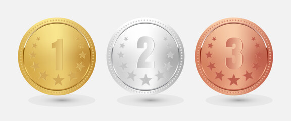 Award golden, silver and bronze blank medals 3d vector realistic illustration. Bronze, Silver and Golden medal coin for award. Empty badge, emblem set. First second third