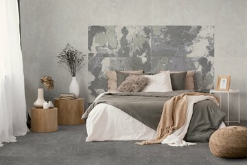 Bedroom interior design with king sized bed linen and pillows, wooden details, carpet around cozy bedroom with large wardrobe, grey and beige textured wall. Front View. 3D Rendering. Mockup