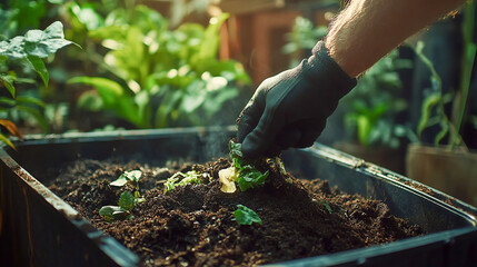 Fototapeta premium Person composting food waste in backyard compost bin garden 