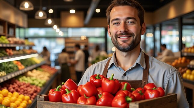 Smiling Grocer Holds a Crate of Fresh, Vibrant Red Bell Peppers in a Well-Lit Produce Market Setting, showcasing his pride in healthy food