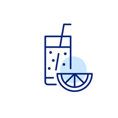 Drink in a tall glass with straw and slice of lemon. Refreshments, home made lemonade, juice, smoothie or iced tea. Cocktails for party and bar. Pixel perfect, editable stroke vector icon