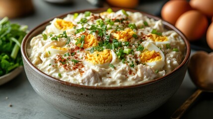 A creamy blend of shredded chicken, celery, hard-boiled eggs, and mayonnaise, seasoned with herbs and spices, a classic comfort food.