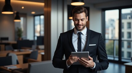 Fototapeta premium Focused Businessman Reviews Data On Tablet In Modern Office Setting Smiling Confidently Successful Professional