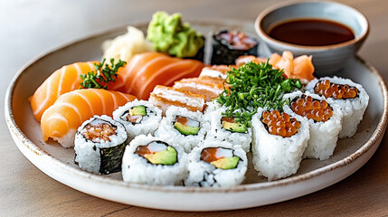 Cinematic food photography shot of sushi platter with vibrant colors and textures