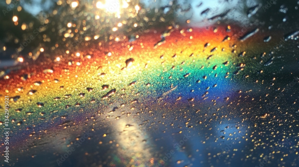 Poster sunlight streams through raindrops on a windshield, scattering colors into mesmerizing rainbow patte